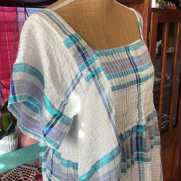 Free People Barcelona Plaid Shimmer Mini Dress Ivory Metallic Stripes Boho - Picture 6 of 11